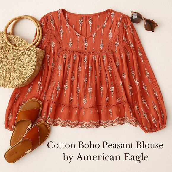 American Eagle Rustic Rust Embroidered Babydoll Blouse M • Boho Peasant Cotton - Picture 1 of 12